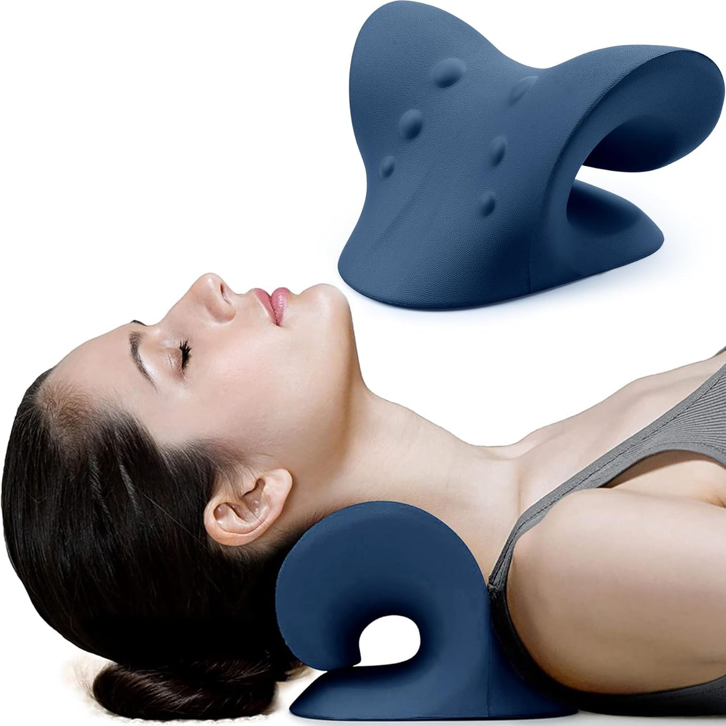 Neck and Shoulder Relaxer, Cervical Traction Device for TMJ Pain Relief and Cervical Spine Alignment, Chiropractic Pillow Neck Stretcher (Blue)